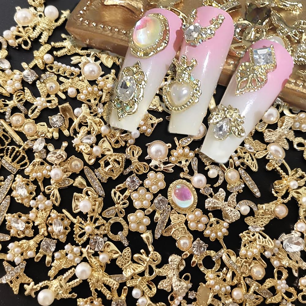 50pcs Gold 3D Alloy Flowers Bows Butterfly Star Crown Heart Charms for Nail Art Design - Mixed Gems Rhinestones Jewels Supplies