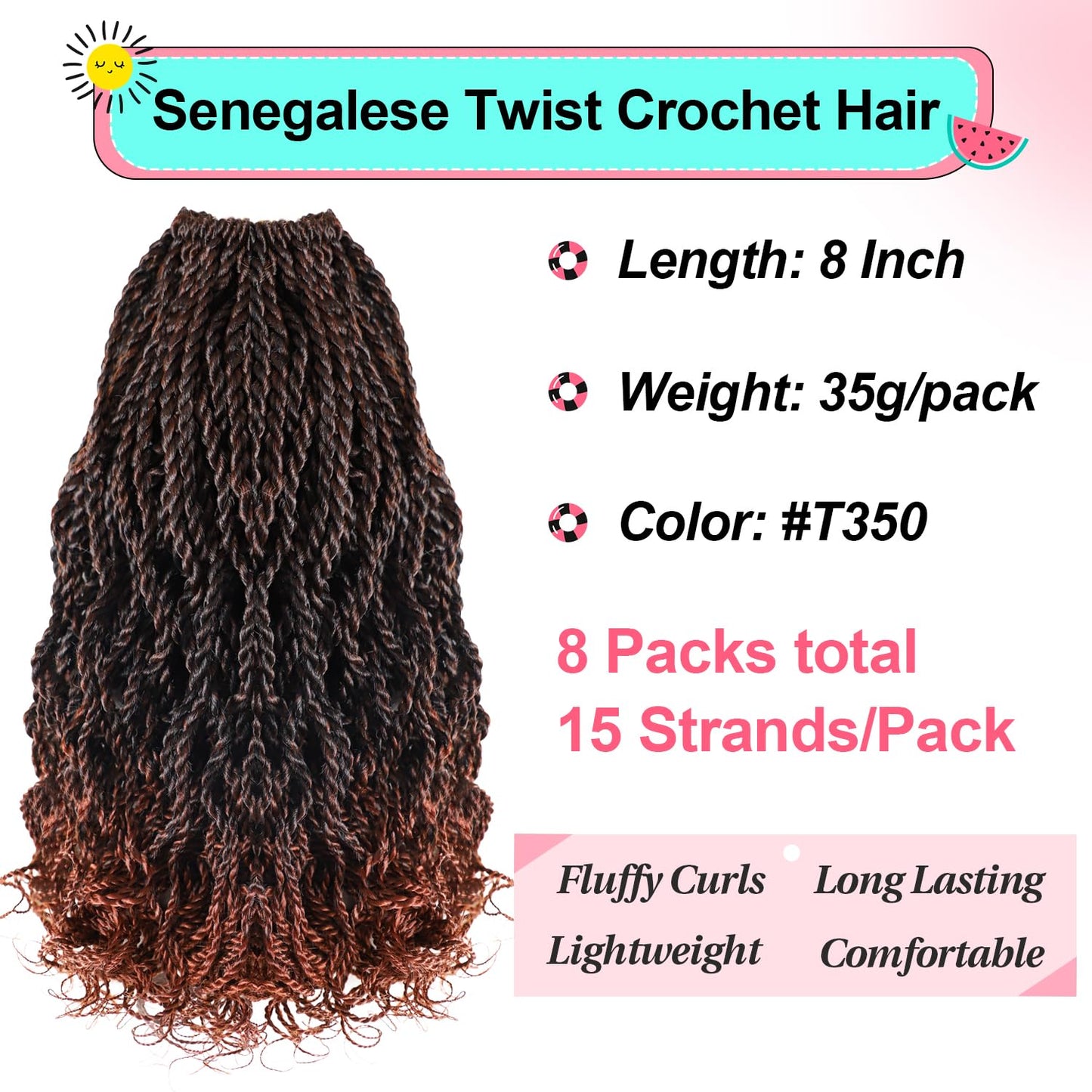 Wavy Senegalese Twist Crochet Hair Ginger 8 Inch Pre Looped Short Crochet Hair with Curly Ends 8 Packs Curly Crochet Hair for Black Women Synthetic Crochet Braids 120 Strands Kinky Twist Hair(T350)