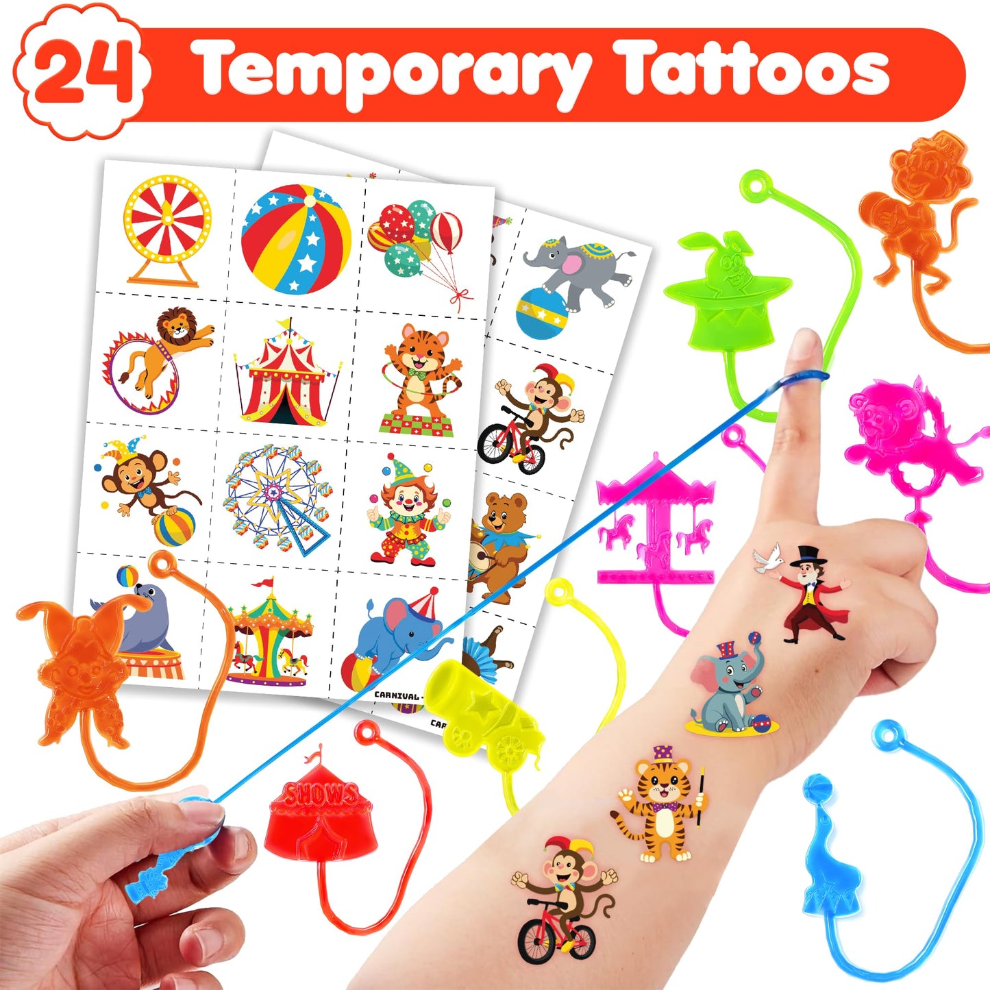 48 PCS Carnival Party Favors - 24 Temporary Tattoos & 24 Stick Hands