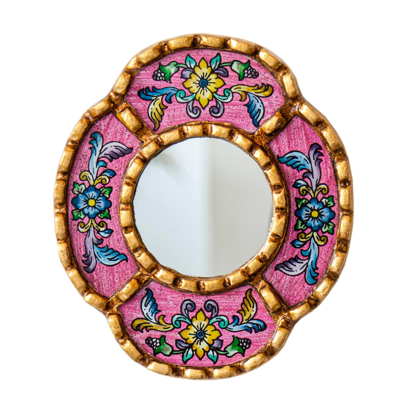 DecorContreras Peruvian Mirror Wall - Handmade Reverse Painted Glass Art - Elegant Miniature Oval Mirror for Gallery Wall - Unique 6" x 5.1" (Pink)