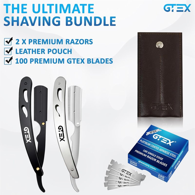 Straight Razors for Men - 2 Professional Single Blade Barber Razors | Premium Shaving Kit with GTEX Blades