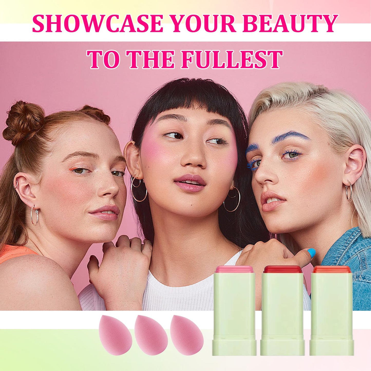 3PCS Blush Stick for Cheeks,Multi-use Solid Matte Makeup Stick Blush Cream for Cheek Eyes and Lips Tint,Moisturizing Tinted Cream Blush,Natural Blendable Cheek Blusher with 3 Makeup Sponges