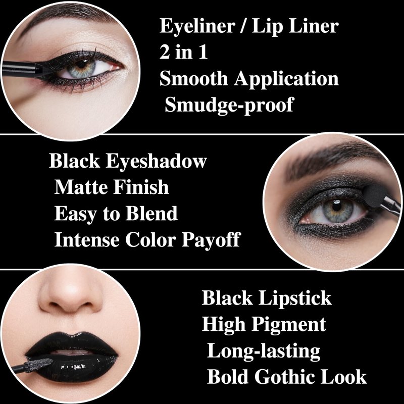 Black Eyeshadow Palette Liquid Lipstick Eyeliner Set with Mini Brush, Smokey Eye Shadow Black Lip Gloss lip liner Set, Smudge Proof Long-lasting, Suitable for Halloween Cosplay Goth Witch Makeup