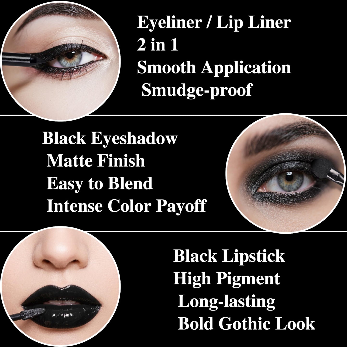 Black Eyeshadow Palette Liquid Lipstick Eyeliner Set with Mini Brush, Smokey Eye Shadow Black Lip Gloss lip liner Set, Smudge Proof Long-lasting, Suitable for Halloween Cosplay Goth Witch Makeup