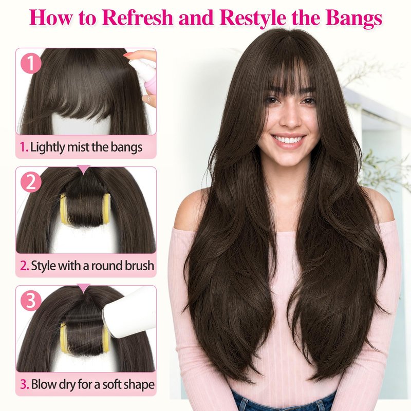ALXNAN Hair Toppers For Women with Thinning 3D 360°Cover,26Inch Mocha Brown Long Straight Layered Clip In Synthetic hair topper with Bangs