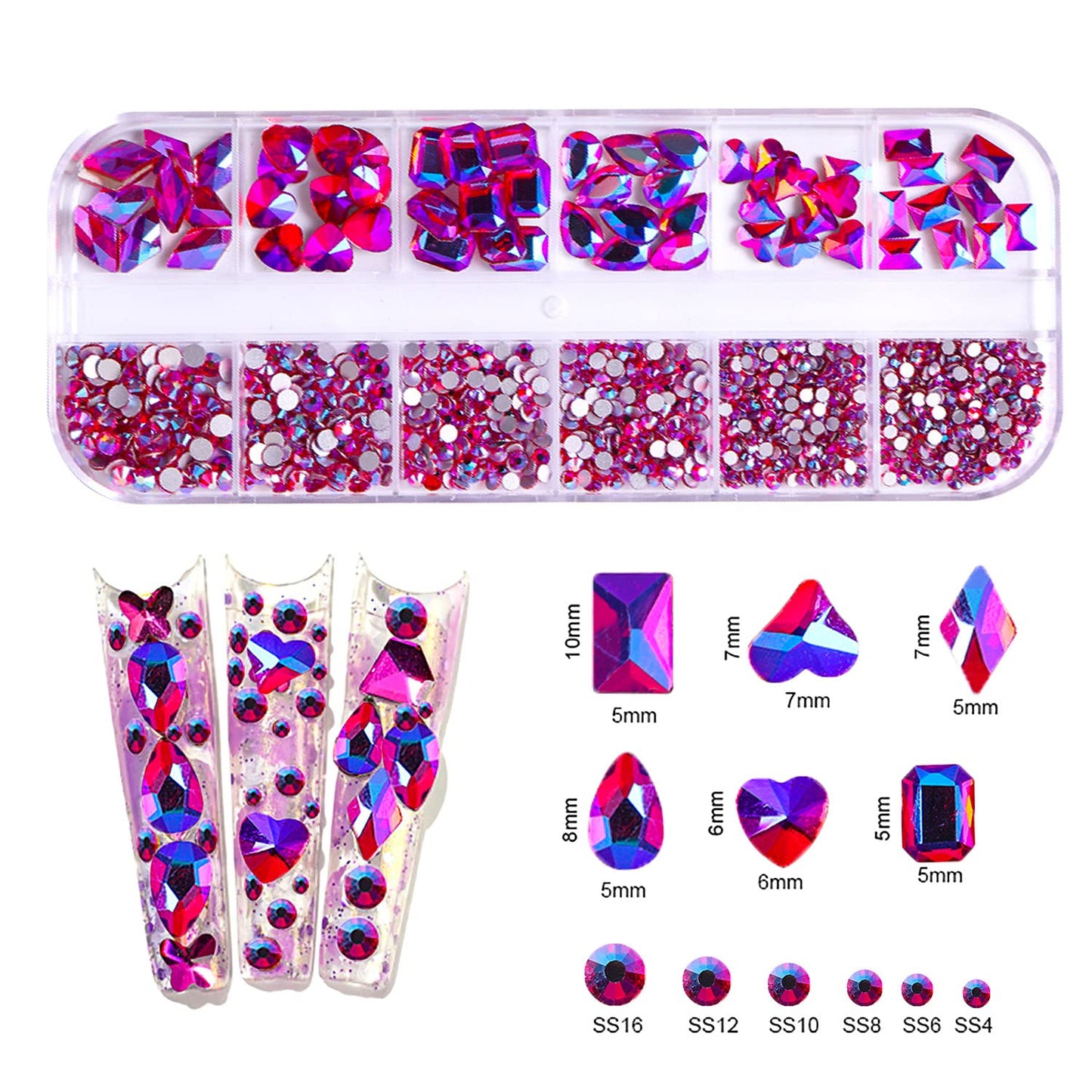 JERCLITY 1620pcs Flat Back Rose AB Nail Rhinestones Pink Nail Rhinestones for Nails Round Beads Crystals Glass Gems Stones Multi Shapes Sizes Nail Rhinestones for Nail Face Art Clothes Shoes Bags DIY