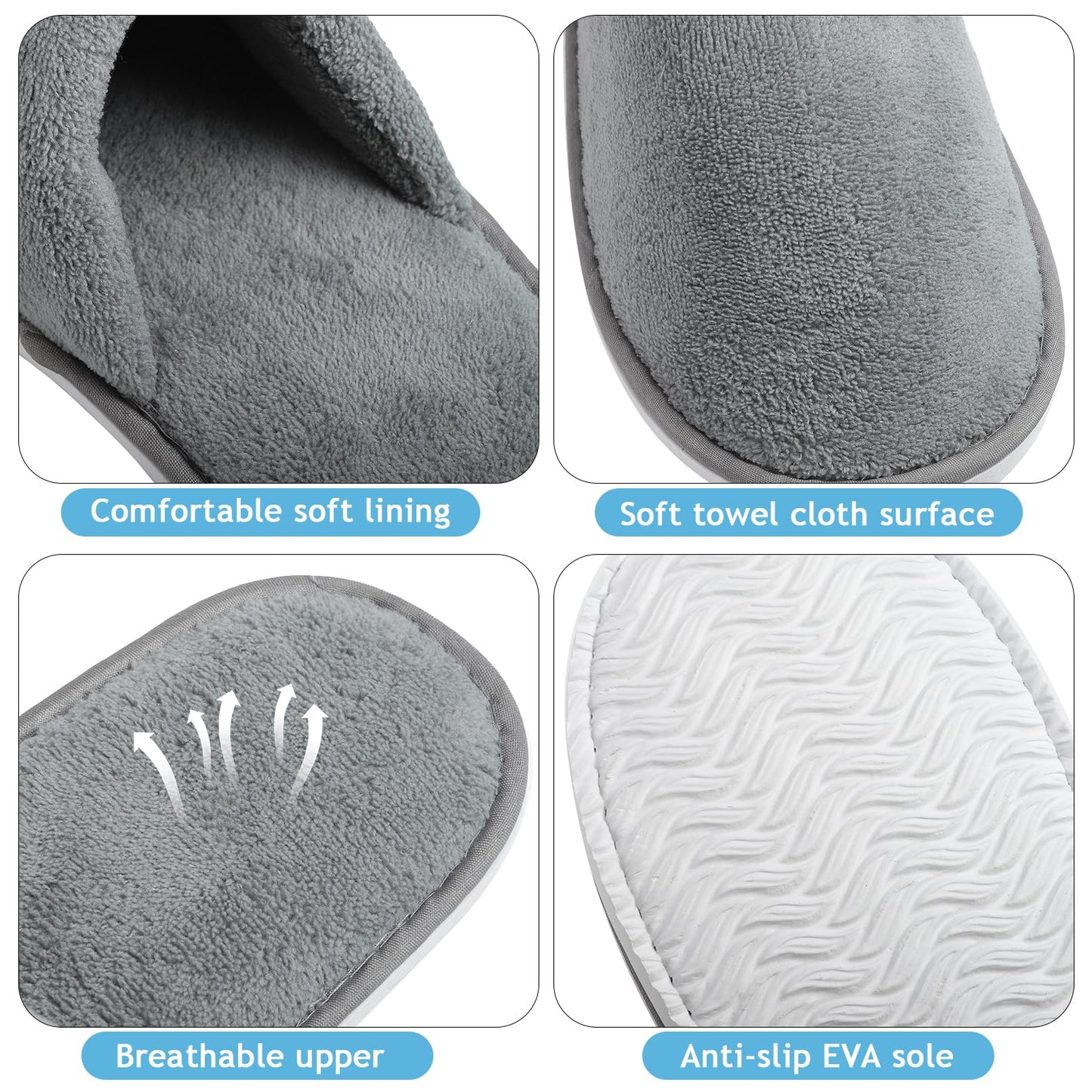 Extrapins 12 Pairs Disposable Slippers,Grey Closed Toe Spa Slippers,Non Slip Hotel Slipper,Soft Coral Fleece Slippers for Women Men,Comfortable House Slipper Bulk for Guests Hotel Home Travel (Grey)