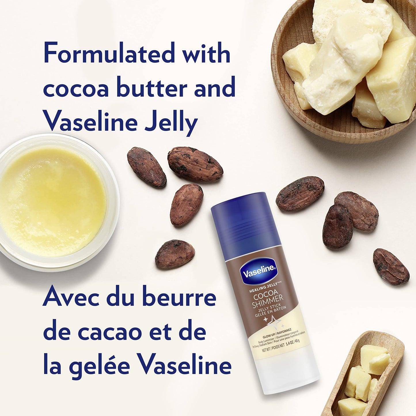 Vaseline Intensive Care Cocoa Radiant Lotion, 20.3 oz Bundled with Moisturizing Healing Jelly Butter, 7.5 and Shimmer Stick, 1.4 oz, Moisturized Skin Light Scent