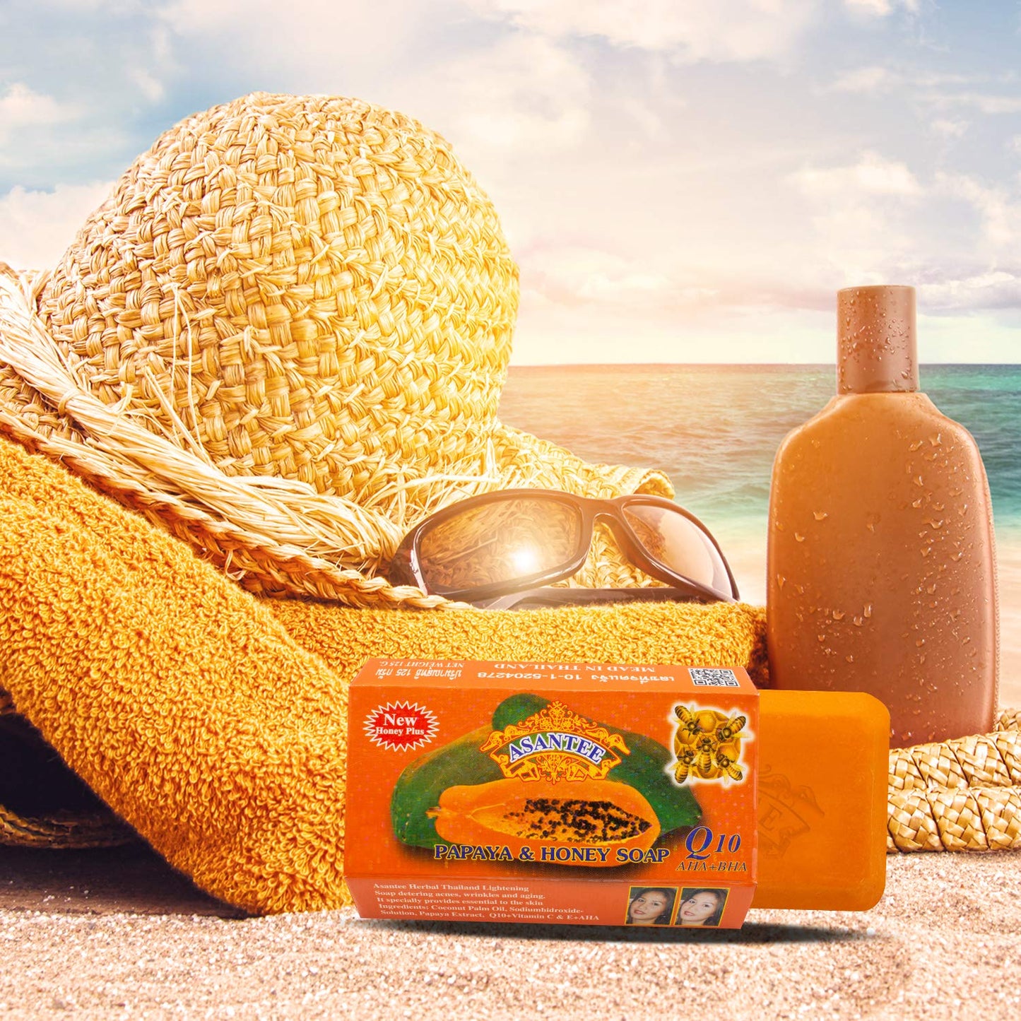 ASANTEE PAPAYA & HONEY Soap Bars with Vitamin C,E and Q10 Skin Cleansing 4.40 Oz (Pack of 3)