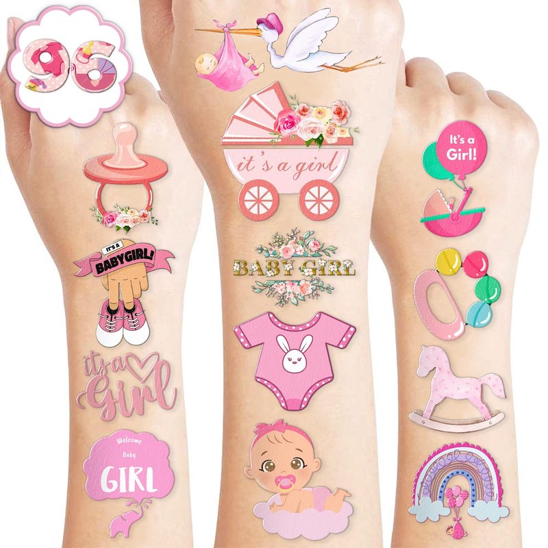 100 PCS Baby Girl Temporary Tattoos - Pink Rose Gold Floral Stickers for Baby Shower Decorations, Birthday Party Favors & Supplies