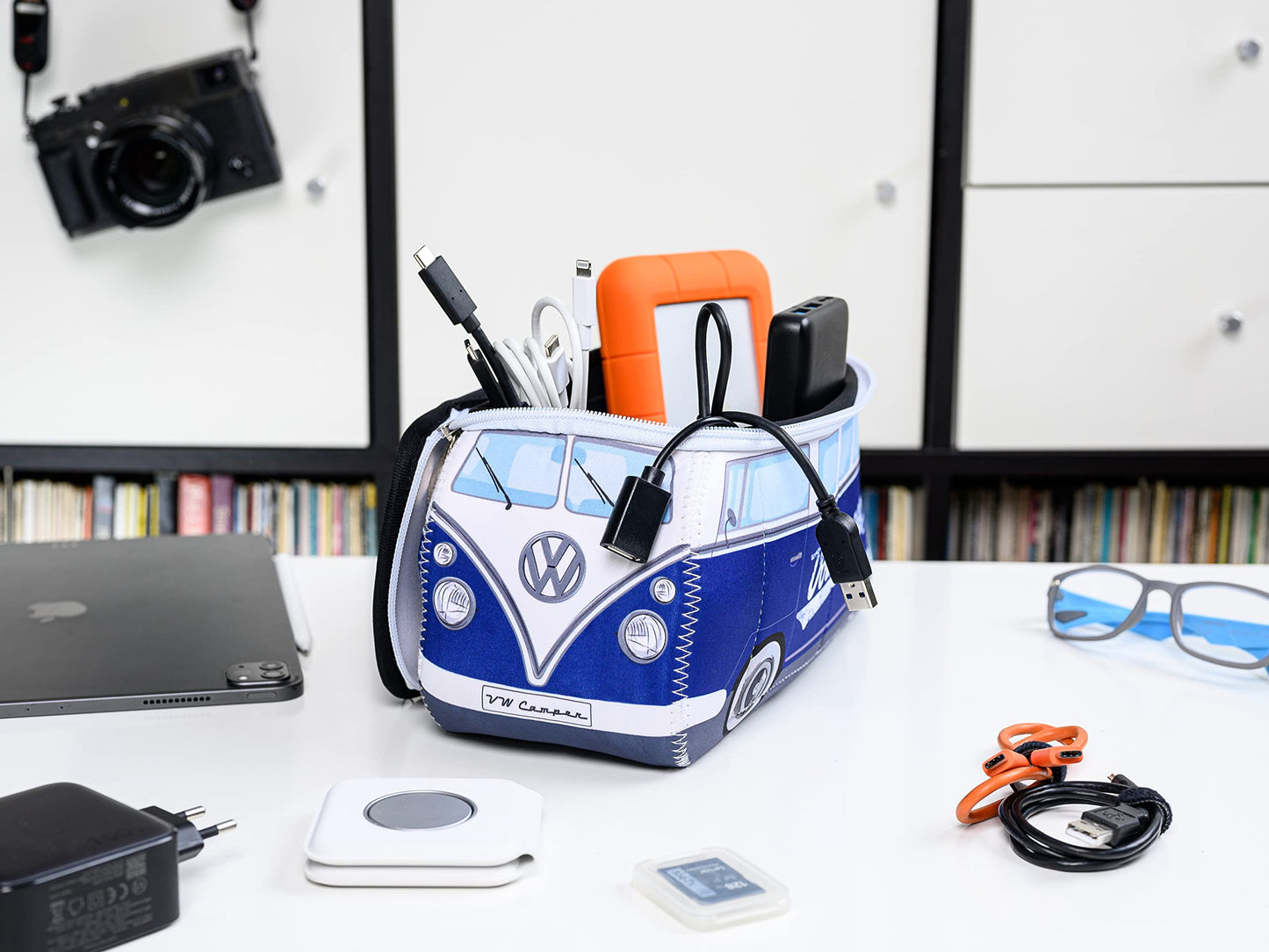 BRISA VW Collection - Volkswagen Neoprene Universal Makeup Cosmetics Toiletry Travel Pharmacy Bag in T1 Bus Design (Blue) (Large (11.8 x 5.5 x 4.7 inches))