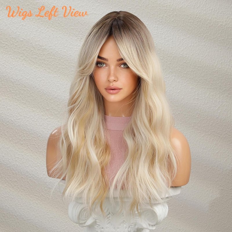 Wavy Blonde Wig with Bangs - Ombre Curtain Bangs, Long Ash Blonde Hair | Heat-Resistant Synthetic Wig for Halloween & Cosplay