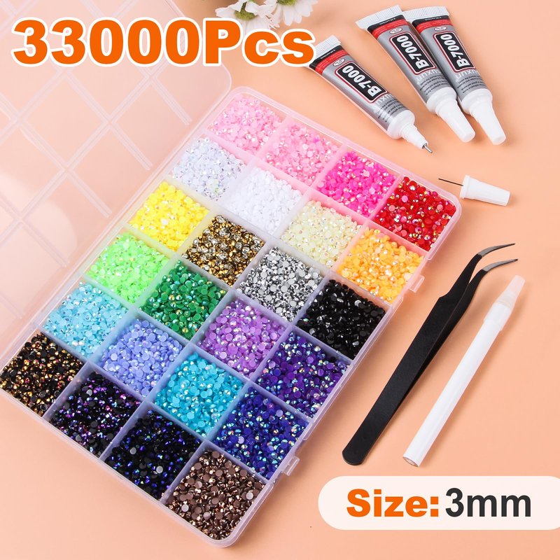 33000Pcs Black Resin Jelly Rhinestones for Bedazzling, 2-6mm Flatback Gems for Diamond Art, Bedazzler Kit with 3Pcs 10ml B7000 Jewelry Glue for Crafting Crafts Book Shoes Nail Art