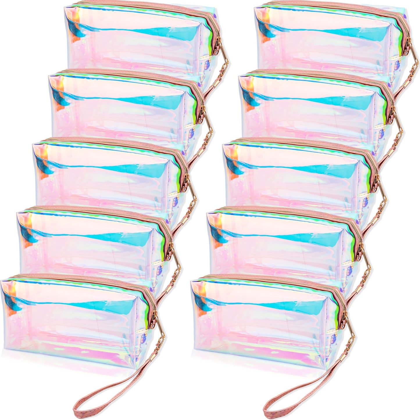 Conagel 10 Pcs Holographic Clear Makeup Bags Iridescent Cosmetic Bags Travel Cosmetic Bags with Zipper Wrist Loop Waterproof Toiletries Organizer for Home Office Wedding Bachelorette Use