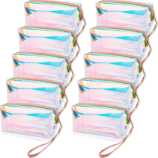 Conagel 10 Pcs Holographic Clear Makeup Bags Iridescent Cosmetic Bags Travel Cosmetic Bags with Zipper Wrist Loop Waterproof Toiletries Organizer for Home Office Wedding Bachelorette Use