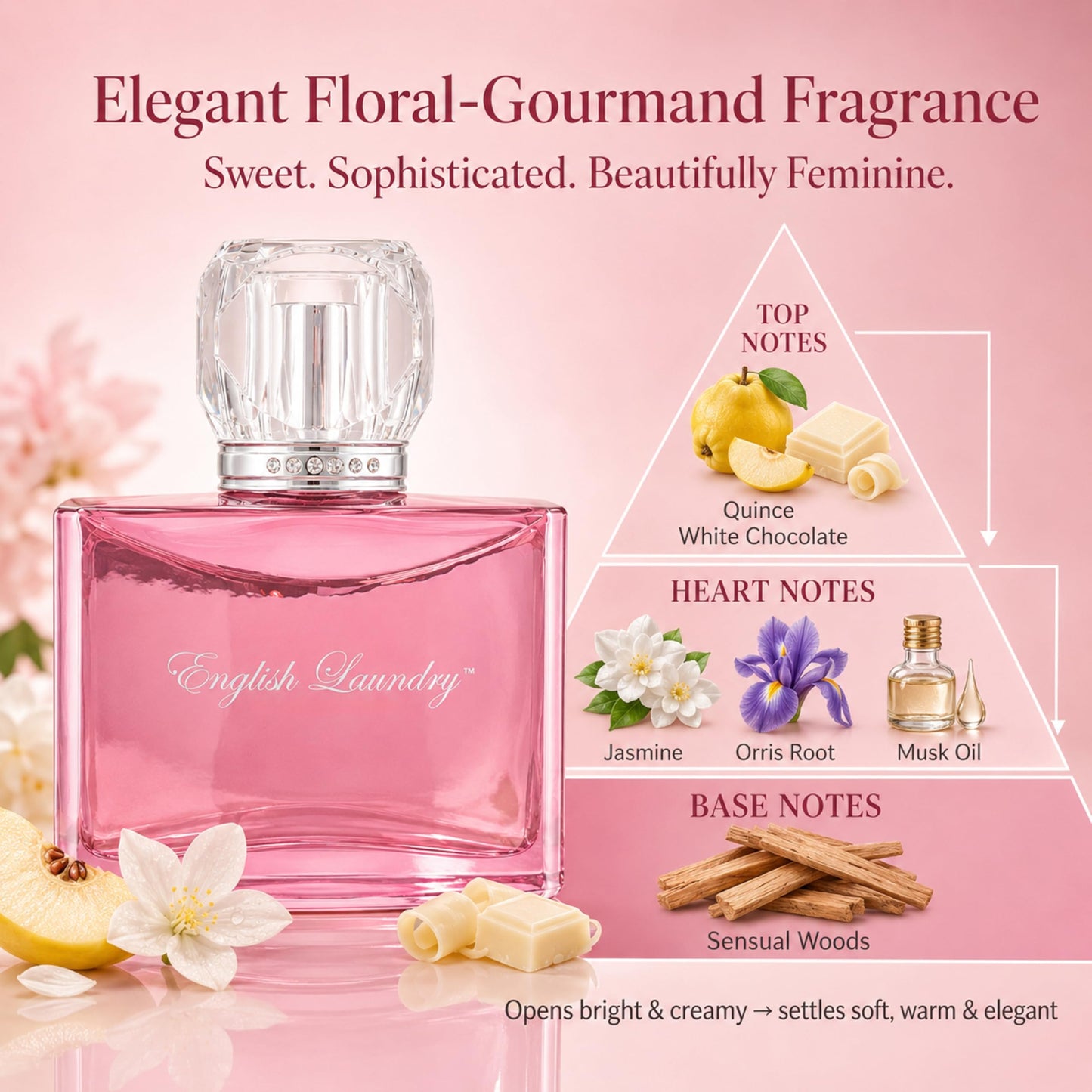 English Laundry Signature Eau de Parfum for Her | Floral Gourmand Scent | Cologne w/Quince & White Chocolate Top Notes, Jasmine & Orris Root Heart, and Sensual Woods Base | (UNBOXED) 3.4 fl. oz.