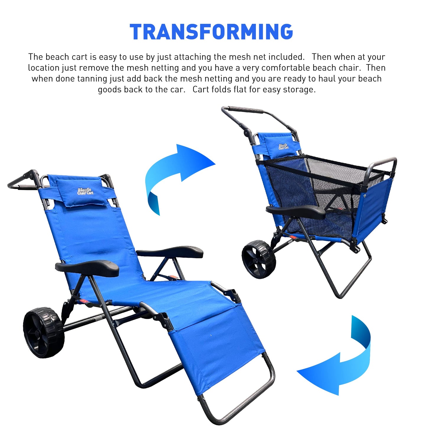 Beach Cart Chair – 2 in 1 Turns fromChair to Cart – Large Wheels – Easy to Use – Large Capacity – Blue Color
