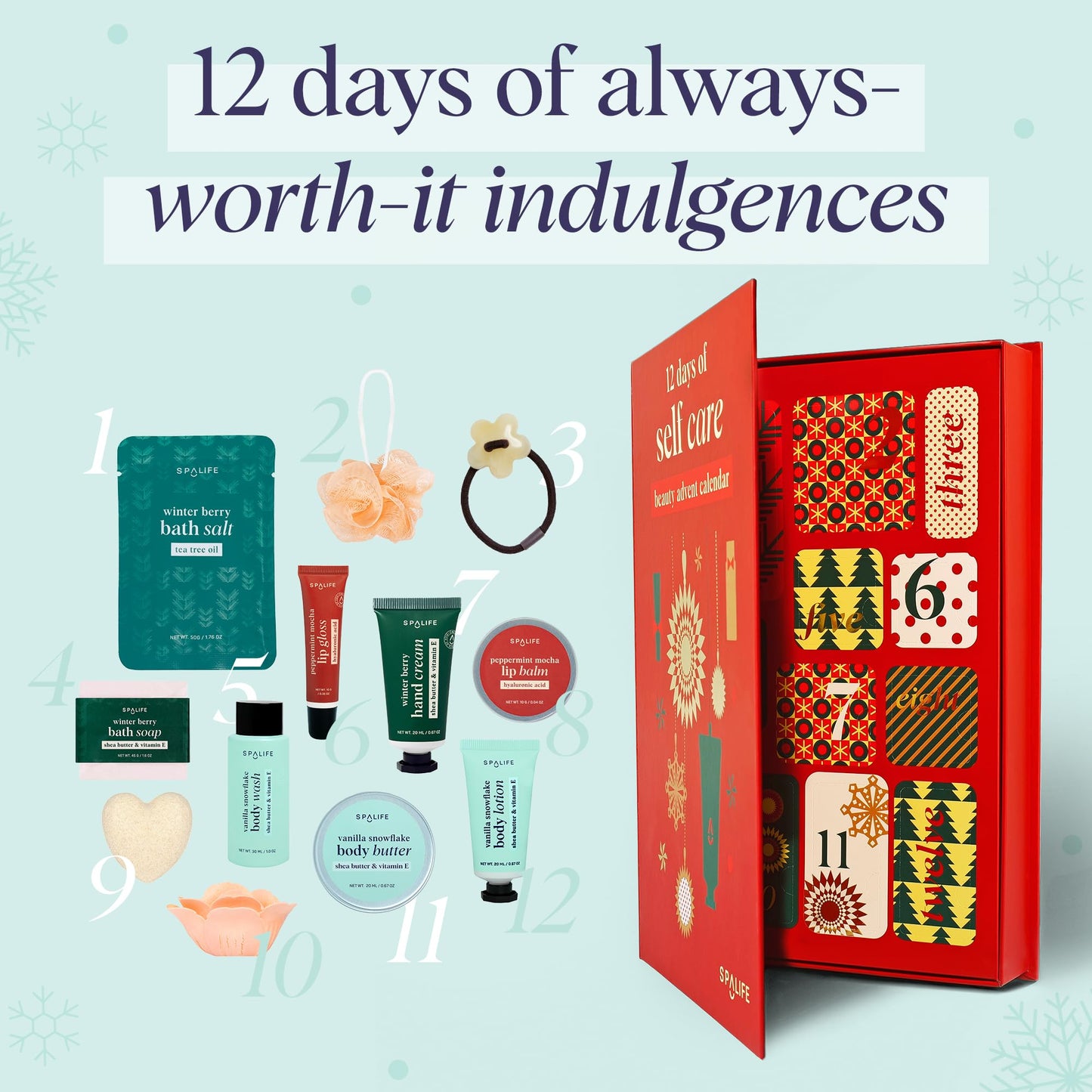 SpaLife Holiday 12-Day Beauty Advent Calendar – Travel-Friendly Skincare – Gift Set – 12 Days of Self-Care Spa Set – Body Care Skin Care – SpaLife Holiday Stocking Stuffer