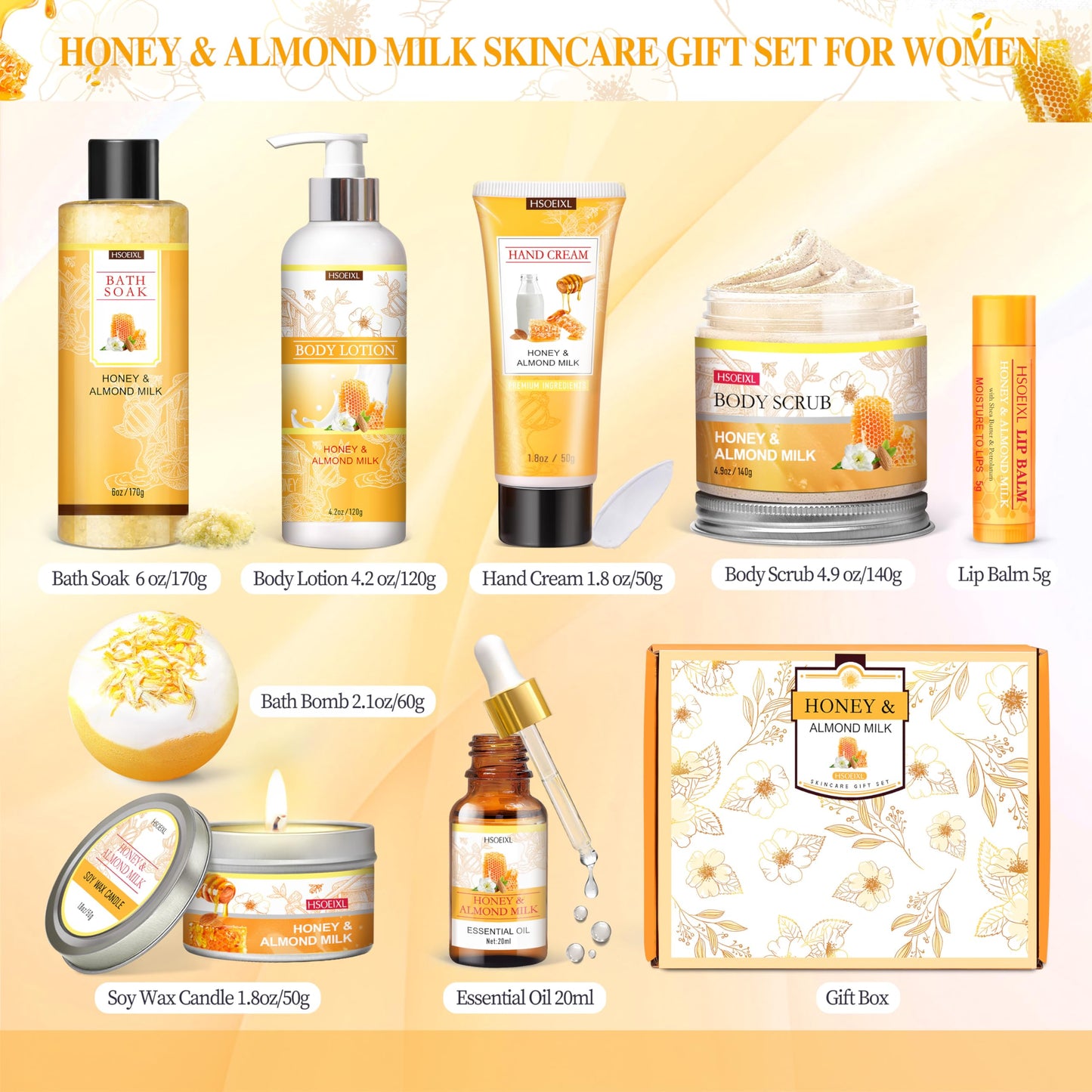 Gifts for Women, Birthday Gift for Women, 9 Pc Almond Milk & Honey Bath and Body Gifts Set, Self Care Gifts Spa Gift Basket, Relaxing Bath Sets for Mom, Girlfriend, Sister, Female Friends, Coworker