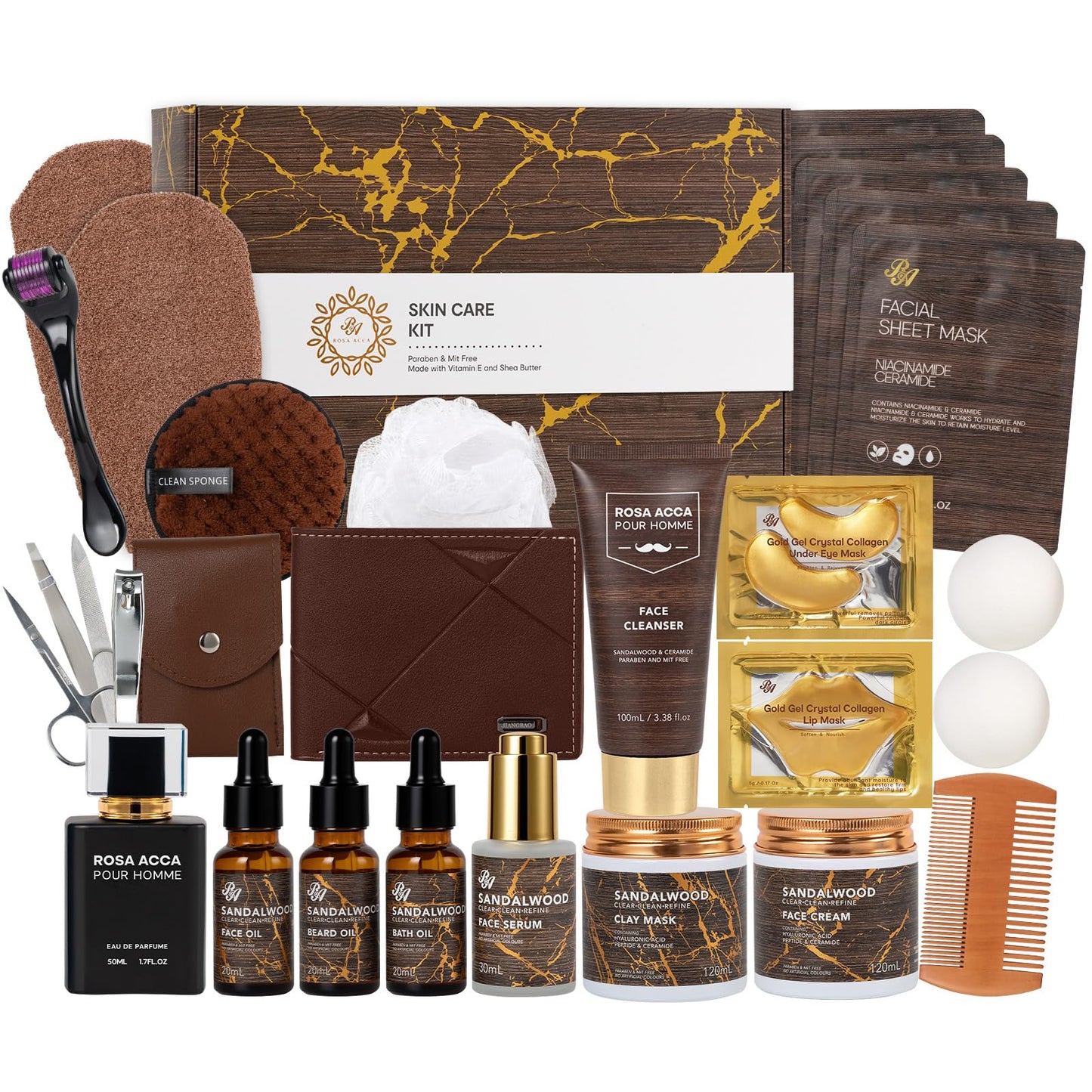 30 Pcs Men Sandalwood Facial Skin Care Set for Men, Father's Day Gifts, Beard Grooming Set, Bath & Body Gift Basket Set, Bath Bomb, Birthday, Valentines, Husband, Holiday, Christmas, Dad, Anniversary