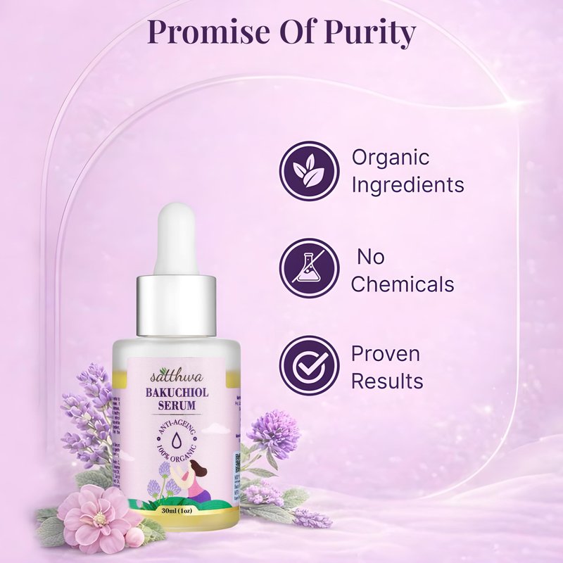 Satthwa Organic Bakuchiol Face Serum - Plumping, Anti-Aging and Reduces Wrinkles Fine Lines - Serum with Vitamin C, Ashwagandha Root Extract - Vegan & Cruelty Free- 1 FL OZ
