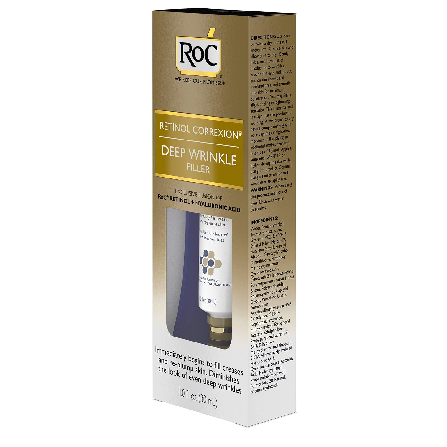 RoC Retinol Correxion Deep Wrinkle Facial Filler, Anti-Aging Treatment with Hyaluronic Acid and Retinol, Non Comedogenic, 1 fl. oz