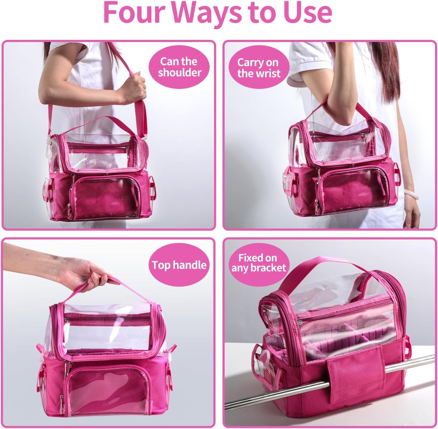 Transparent PVC Makeup Bag - Clear Travel Brush Organizer with Shoulder Strap | Hot Pink
