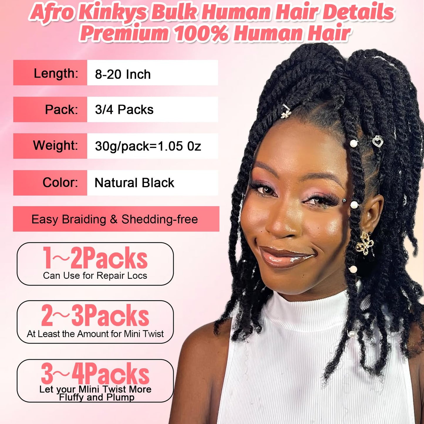 Afro Kinkys Bulk Human Hair (8 inch,3 packs,30g/pack) Afro Kinky-curly Human Braiding Hair Bulk for Spring Hair Twist Dreadlock Extensions Locs Braids Repair Natural Color