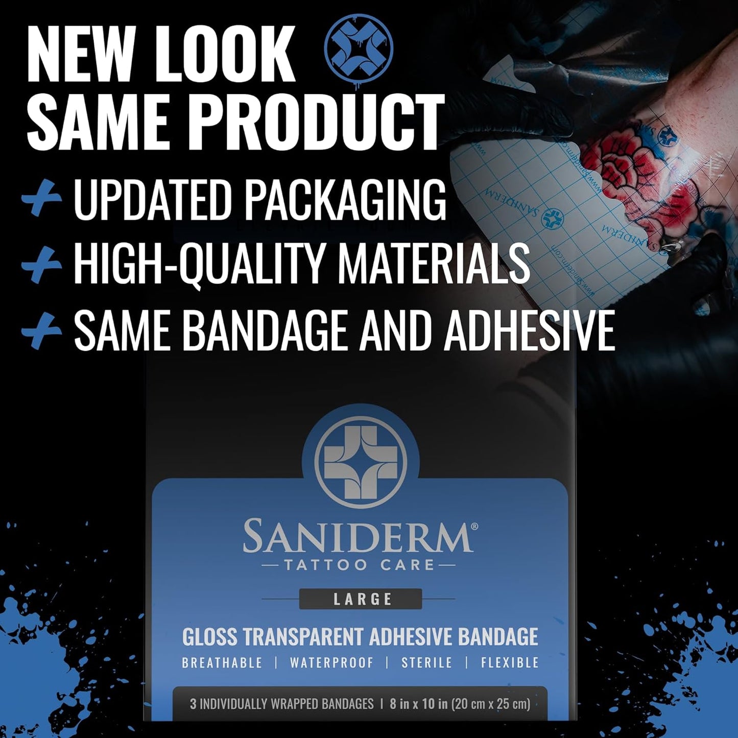 Saniderm Tattoo Aftercare Bandage - Sterile, Waterproof Protection | Large Pack (8 in x 10 in) for Faster Healing