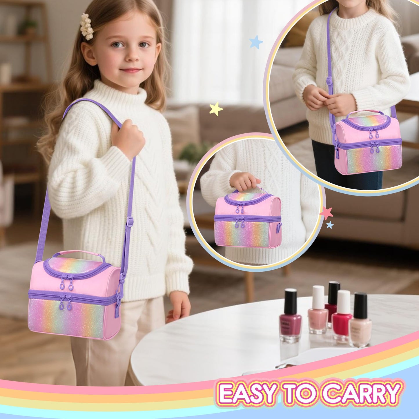 Kids Small Nail Polish Storage Holds 24 Bottles (0.15 fl oz - 0.17 fl oz), Double Layer Carrying Case for Nail Supplies, Rainbow Sequins Design, for Kids Girls Dress Up Play Travel, Pink, Case Only