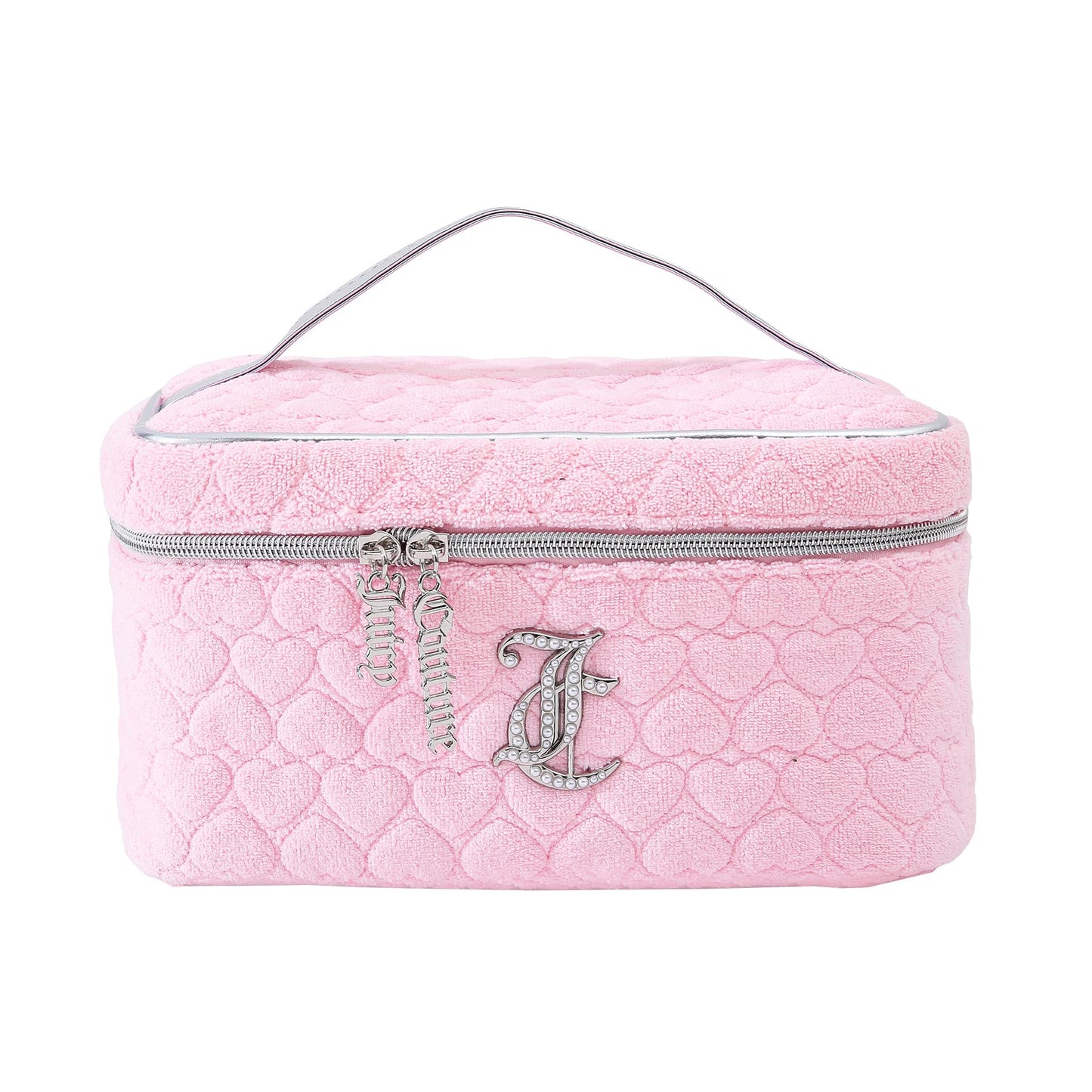 Juicy Couture Pink Makeup Bag Cosmetics Organizer Travel Essentials Train Case Terry Cloth Simulated Pearl Logo