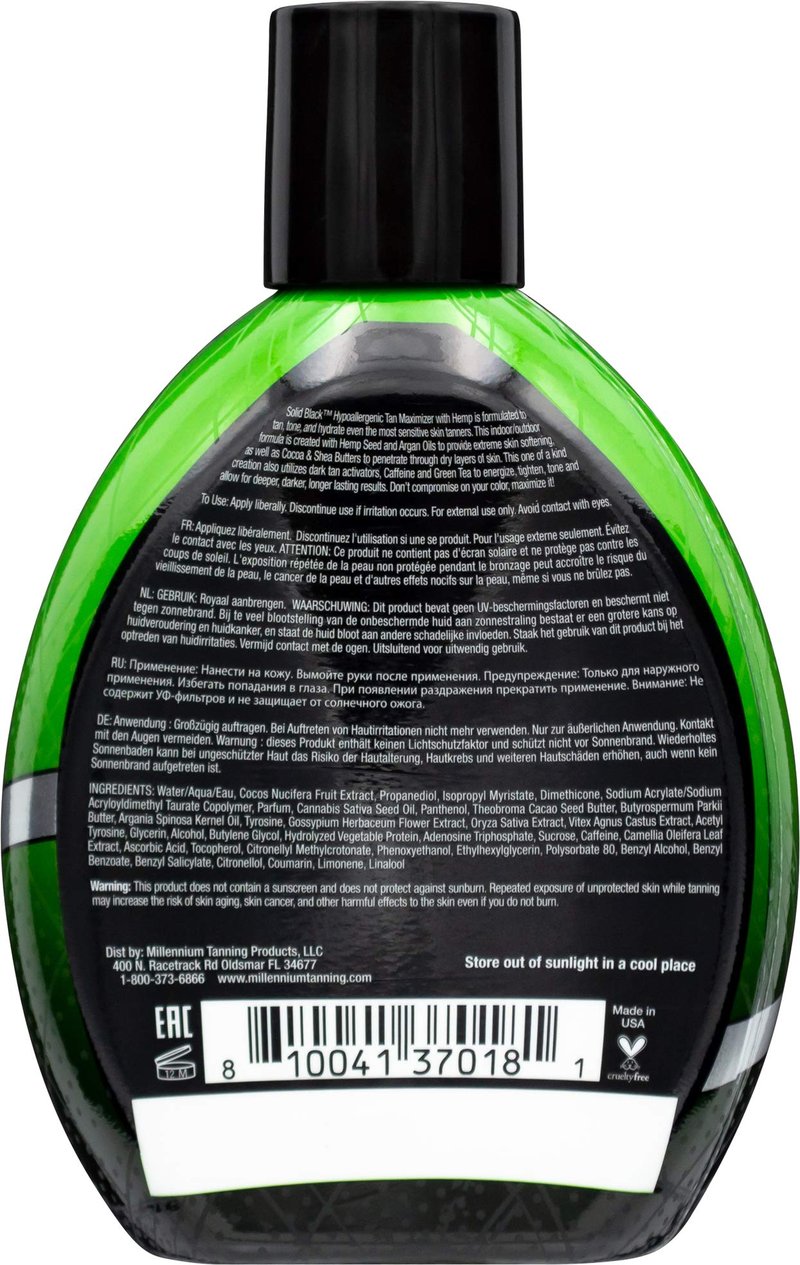 Millennium Tanning Solid Black Hypoallergenic Tan Maximizer Ultra Hydrating Indoor/Outdoor Dark Tanning Lotion with Hemp | Argan Oil | Cocoa and Shea Butter | Paraben Free, 13.5 oz