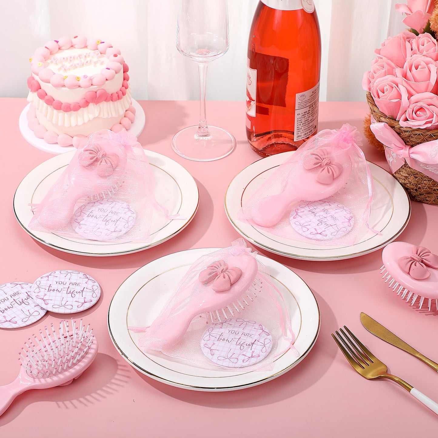 Wonderjune 12 Set Pink Bow Party Favors Women Coquette Compact Mirrors with Mini Hair Brush Organza Bag Inspirational Coquette Aesthetic Preppy Gifts for Sleepover Birthday Bow Themed Party Favors