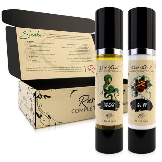 Rust Proof Complete Tattoo Care – Comprehensive Pre & Post Tattoo Skincare Set with Body Oil & Moisture Sealing Body Lotion – Lightweight Hydration & Moisture Barrier Protection – 2- Piece Bundle