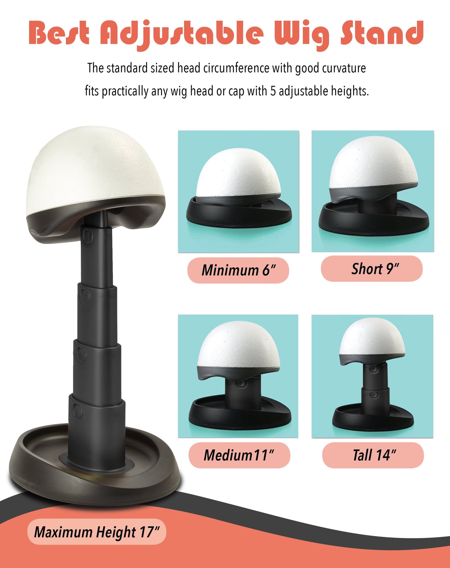 Adjustable Wig Head for Travel and Salon - Black Stand, Styrofoam Head, Collapsible Compact Stand Expands for Long and Short Wigs - by Adolfo Design