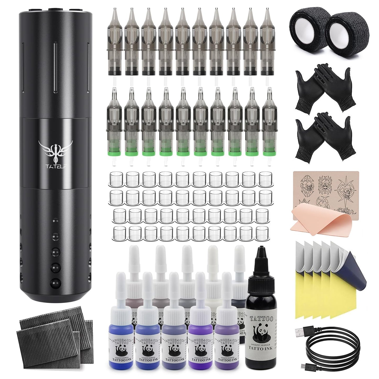 Tattoo Gun,Wireless Tattoo kit Professional with 1800mAh Tattoo Battery Power Supply 20pcs Tattoo Cartridges 11pcs inks Tattoo Transfer Paper Complete Tattoo Supplies for Beginner (Black)