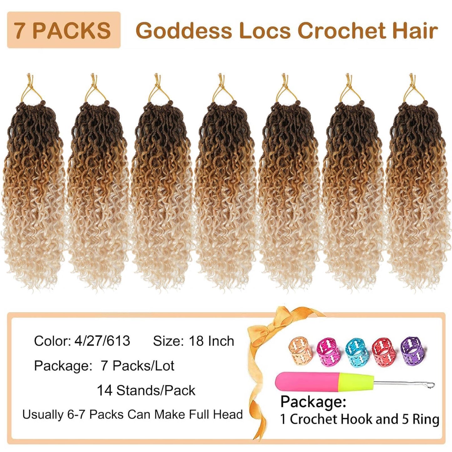 Goddess Locs Crochet Hair 18 Inch 7 Packs Faux Locs Ombre Boho Synthetic Pre Looped Crochet Braids Curly Ends (4/27/613)