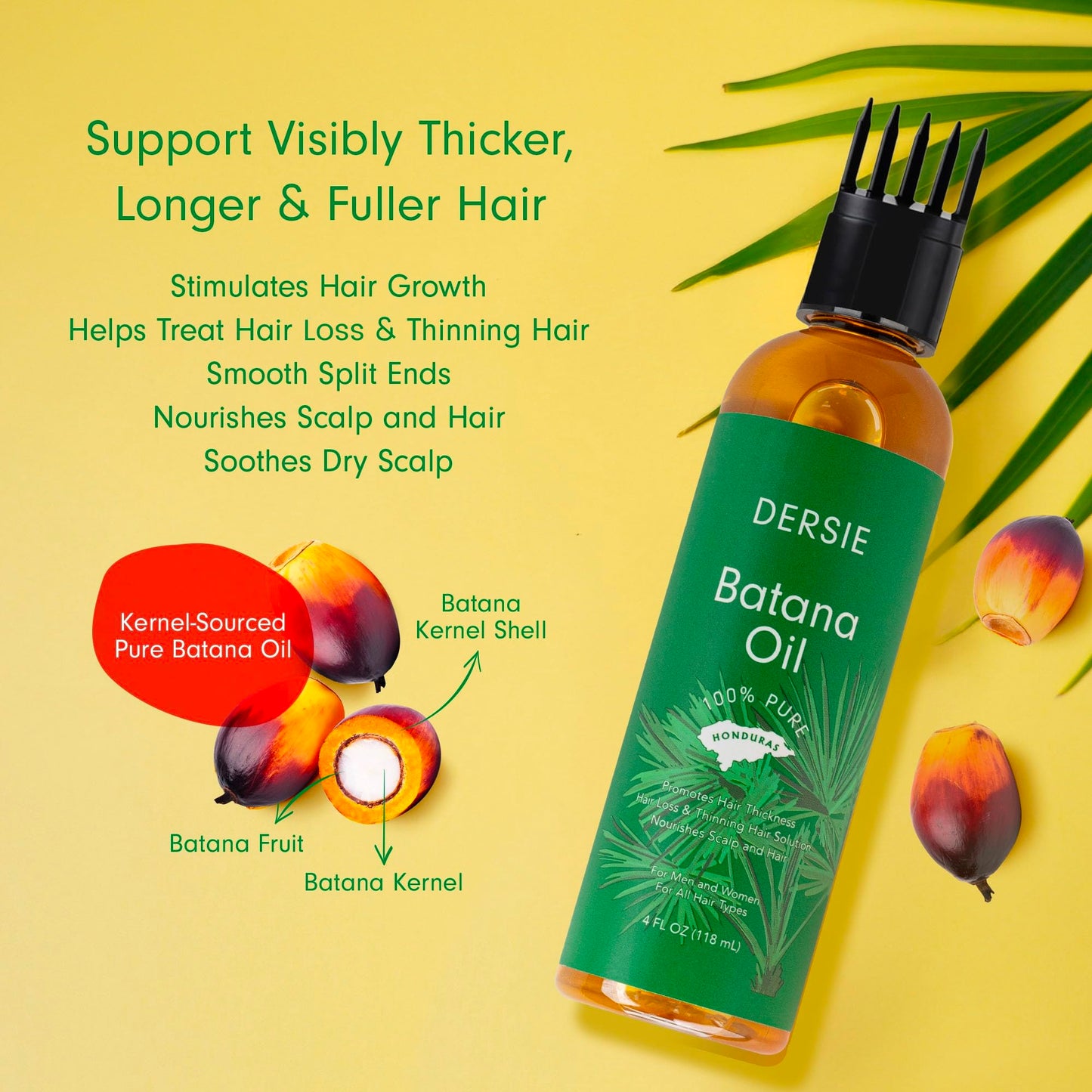 Dersie Batana Oil with Massager Applicator: Organic Batana Oil from Honduras - 100% Pure & Natural (4 fl oz)