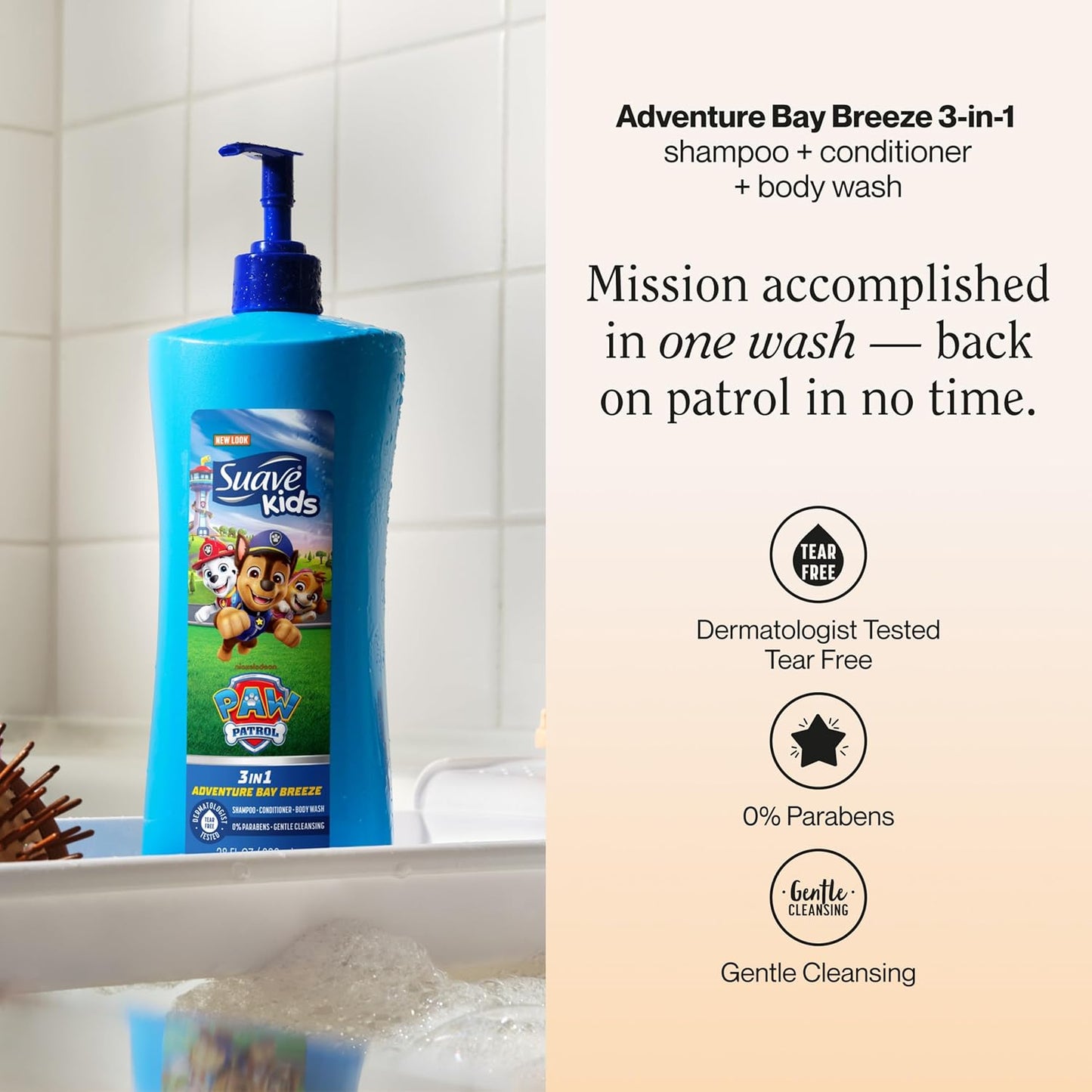 Suave Kids Paw Patrol 3-in-1 Shampoo, Conditioner & Body Wash - Tear-Free Adventure Bay Breeze, 28 FL OZ Pump