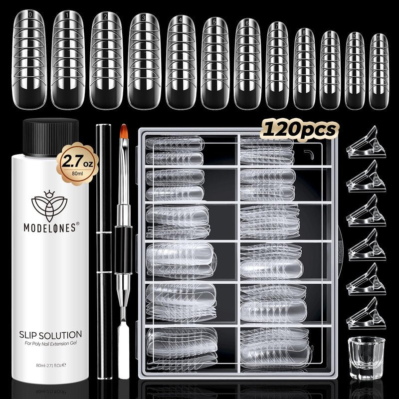 modelones Slip Solution for Poly Gel, 2.8oz Anti-Stick Liquid for Poly Gel with 120Pcs Flat Dual Nail Forms Nail Tips Clips Kit