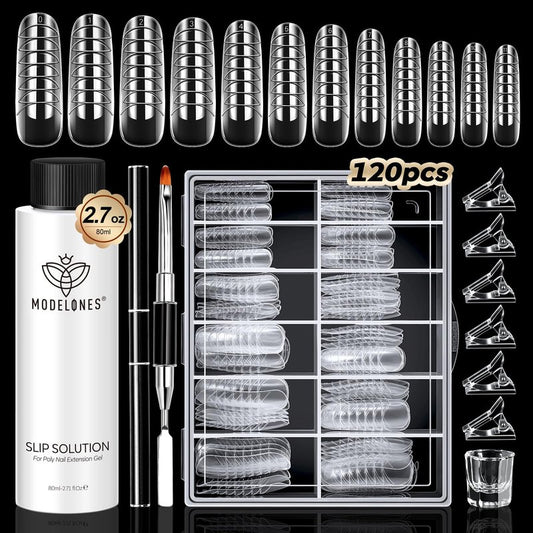modelones Slip Solution for Poly Gel, 2.8oz Anti-Stick Liquid for Poly Gel with 120Pcs Flat Dual Nail Forms Nail Tips Clips Kit