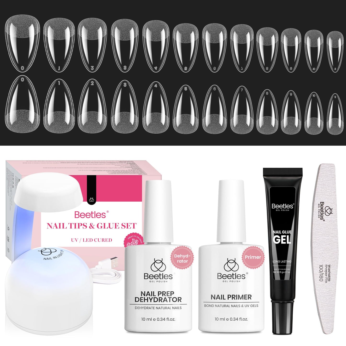 Beetles Gel Nail Kit Short Almond, with Dehydrator and Primer, 576Pcs Half Matte Etch-X Gel Nail Tips Solid Nail Glue Mini Lamp Acrylic Tips Easy DIY Extension Set Gift for Women