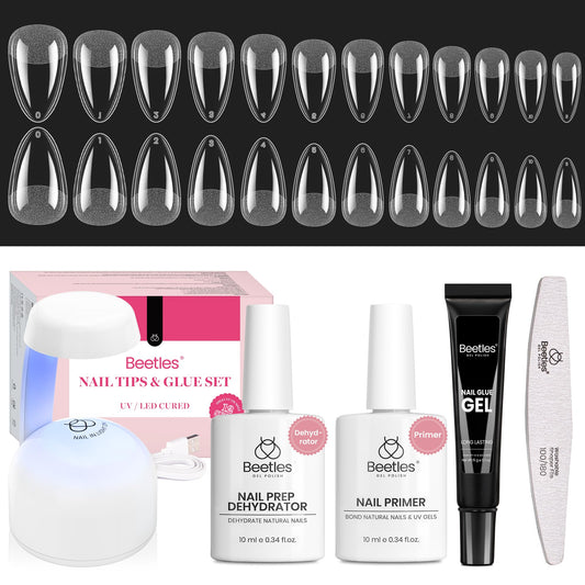 Beetles Gel Nail Kit Short Almond, with Dehydrator and Primer, 576Pcs Half Matte Etch-X Gel Nail Tips Solid Nail Glue Mini Lamp Acrylic Tips Easy DIY Extension Set Gift for Women
