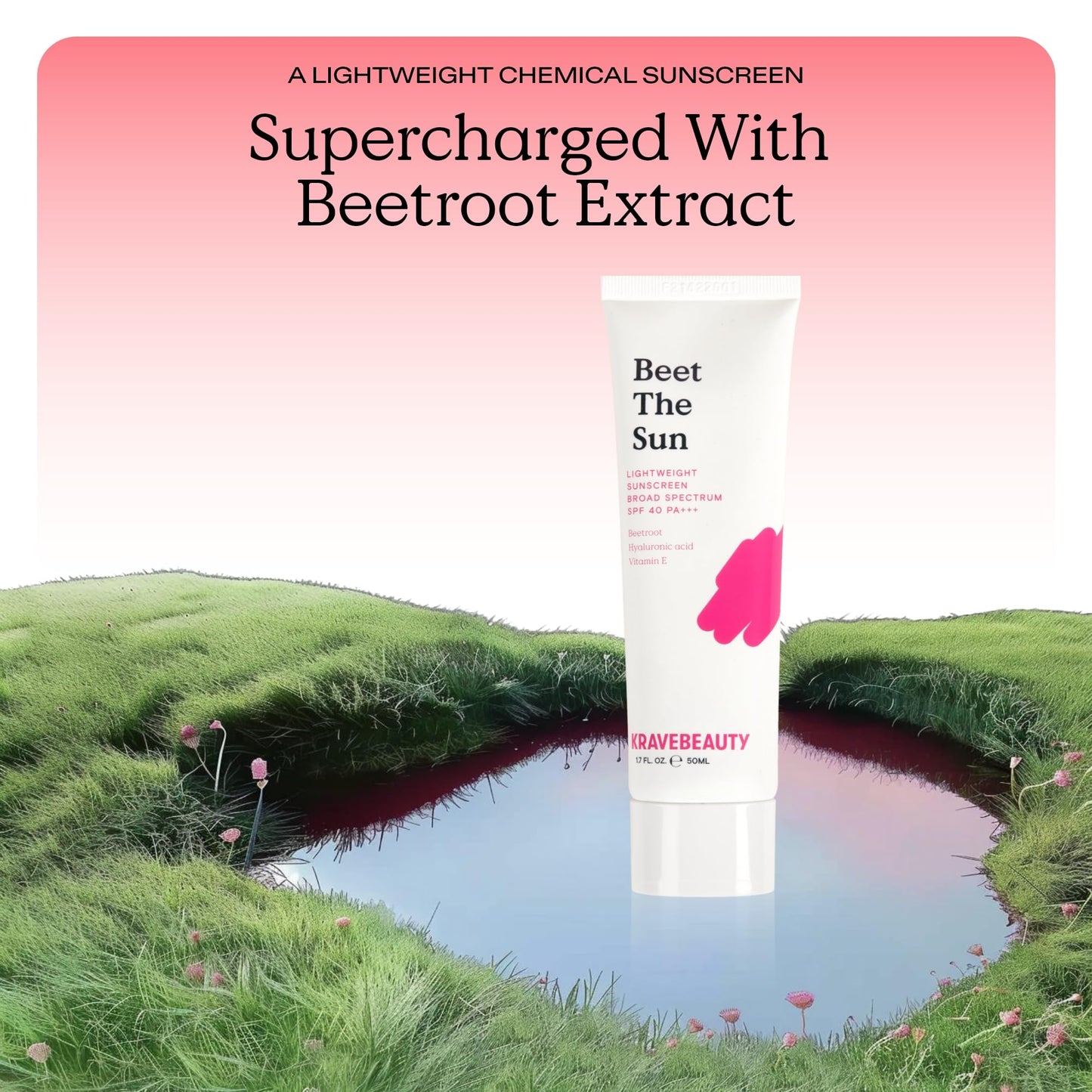 KraveBeauty Beet The Sun Lightweight Sunscreen SPF 40 PA+++, Broad Spectrum Facial Sunscreen with Beet Root Extract & Hyaluronic Acid, Non-Greasy Daily SPF Lotion for Face, Fragrance Free, 50 mL