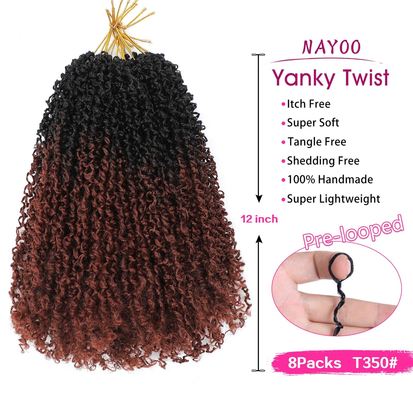 NAYOO 12 Inch Yanky Twist Crochet Hair - 8 Packs (30 Stands/Pack) Mini Passion Twist with Curly Ends Synthetic Pre-Looped Crochet Braids Braiding Hair(12 Inch, T350)
