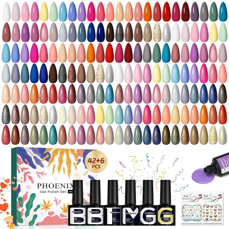 phoenixy 50 Pcs Gel Nail Polish Set, 42 Colors Nail Polish with 2 Base Coat & 4 Effects Top Coat Red Brown Colors Gel Polish Kit Nail Starter Set Christmas Gifts for Women Girls