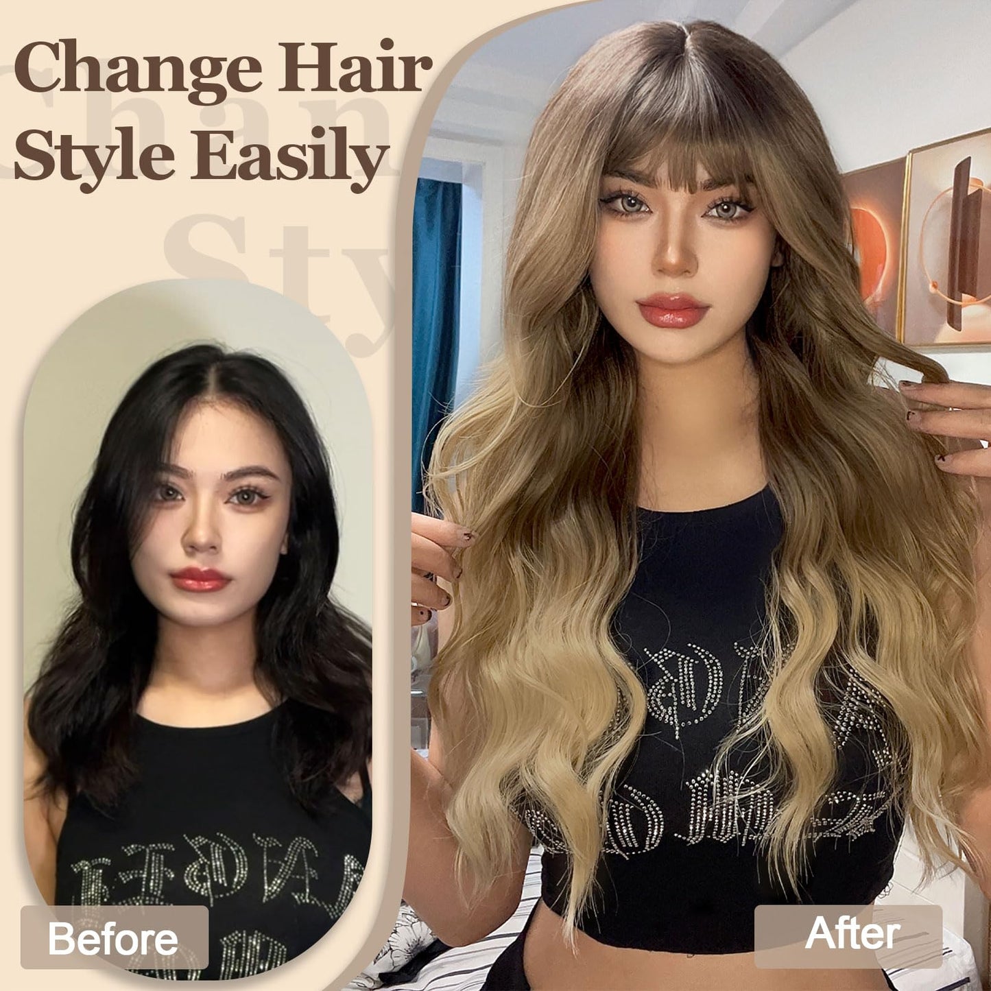 QYDEERY Black Wig with Bangs for Women Long Wavy Wigs Curly Synthetic Wig Natural Looking Hair Heat Resistant Wigs for Daily Party Use