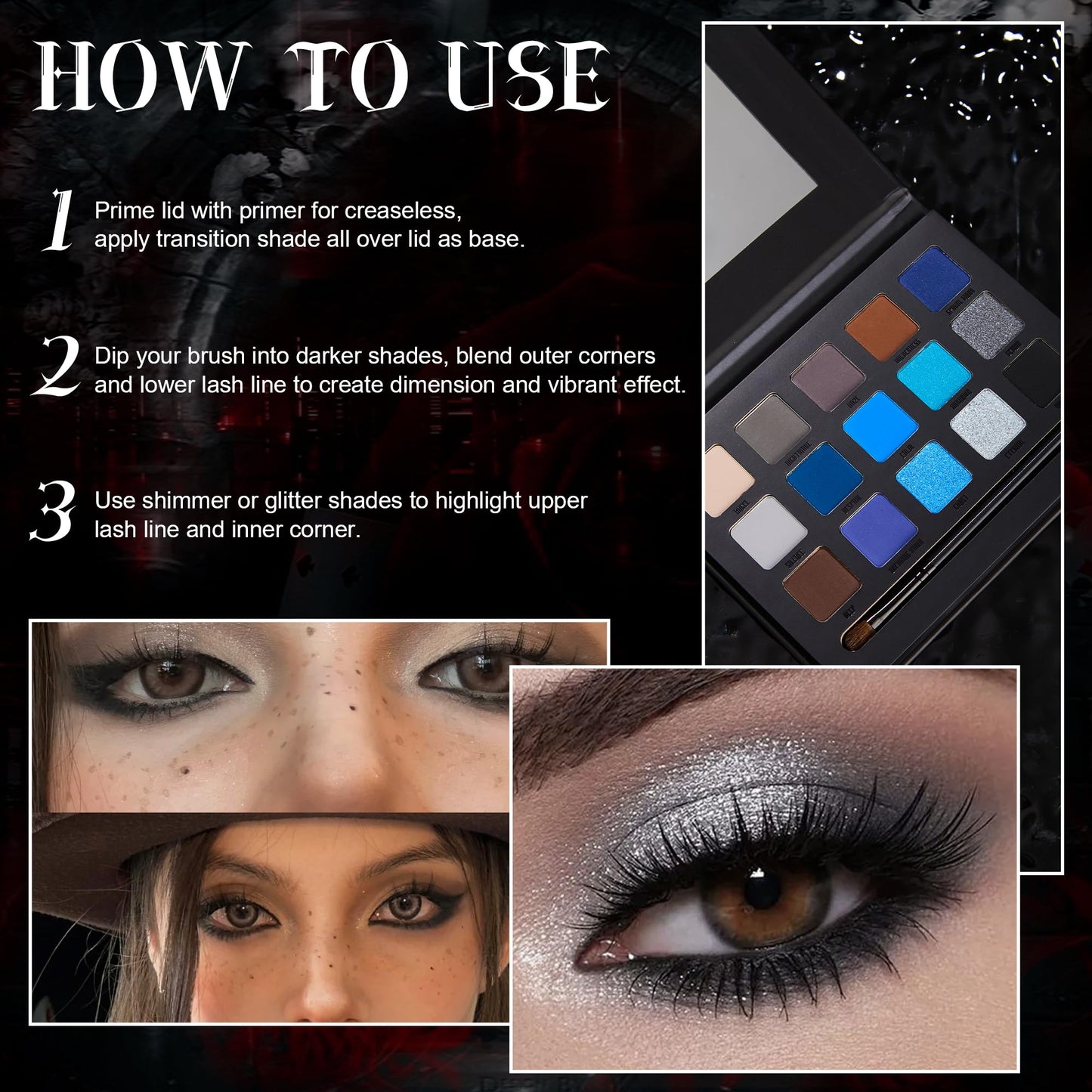 VANERIA Black Smokey Eye shadow Palette,15 Colors Matte Glitter Metalli Eyeshadow Palette,Long Lasting Waterproof Pallete
