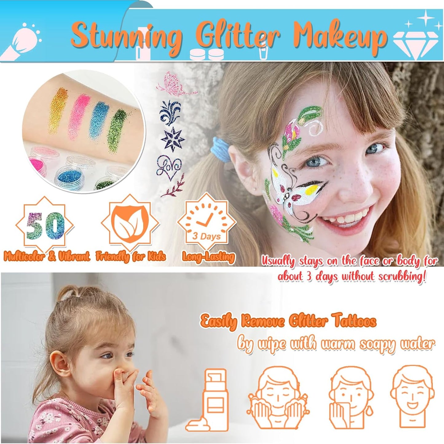 Kids Glitter Tattoo Kit - 50 Colors Glitter Powder, 132 Stencils & Glow-in-the-Dark Stickers | Fun Body & Face Makeup for Parties & Holidays