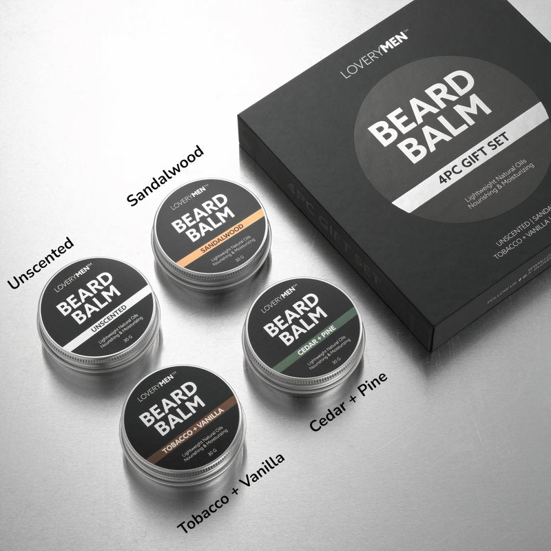 LOVERY Beard Balm for Men, Gift Set in Unscented, Sandalwood, Tobacco Vanilla, Cedar Pine Fragrances, All-Natural Wax, Cream Softener Butter, 4 Pack